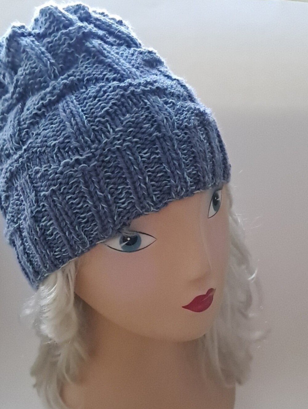 Set Handknit Headband with Flower Matching Beanie Hat Denim & Light Blues OOAK